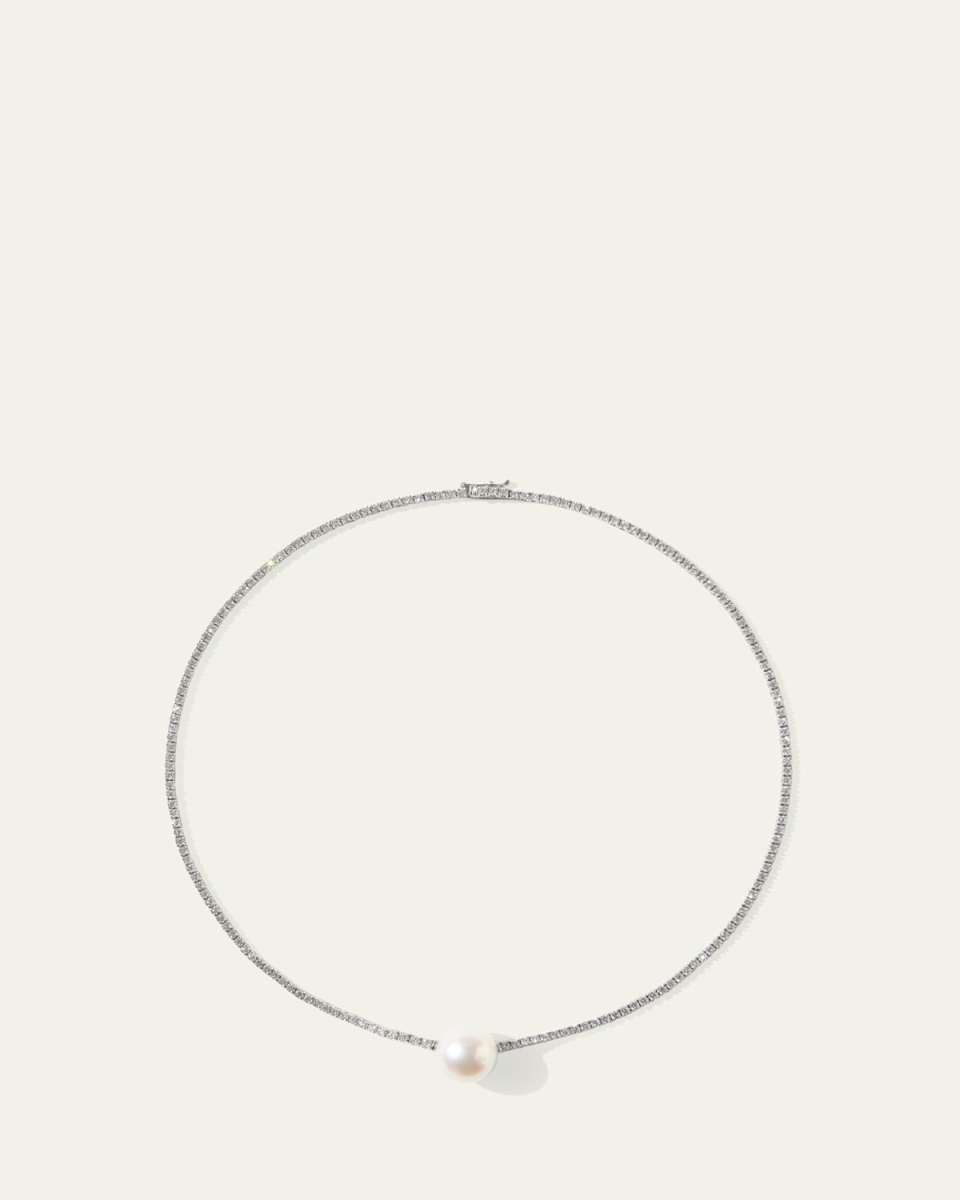 18K White Gold Diamond Tennis Necklace with 13mm South Sea Pearl